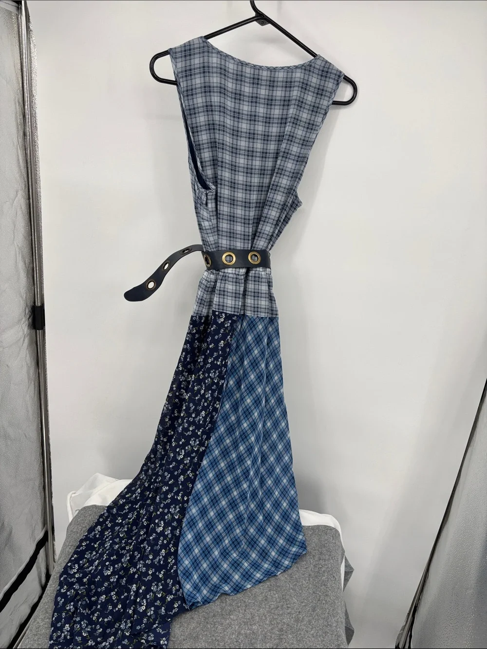 Michael Kors Blue Patchwork handkerchief chambray  Asymmetrical Tank belt Dress